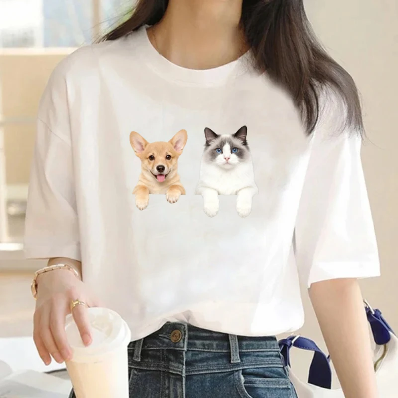 

Women's T-shirt Loose Cotton Lovers Cute Pet Printed T-shirt Solid Color Corgi and Puppet Cat Pattern Casual Home Wear