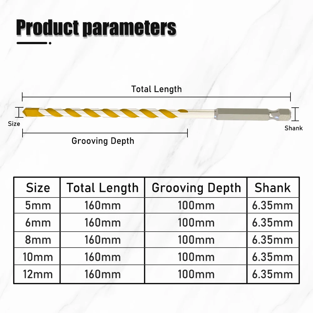 Imagem -04 - Broca de Carboneto de Tungstênio para Alvenaria Concreto Cerâmica Granito Telhas Pedra Madeira Plástico Hex Shank 160 mm Pcs 10 12 Milímetros