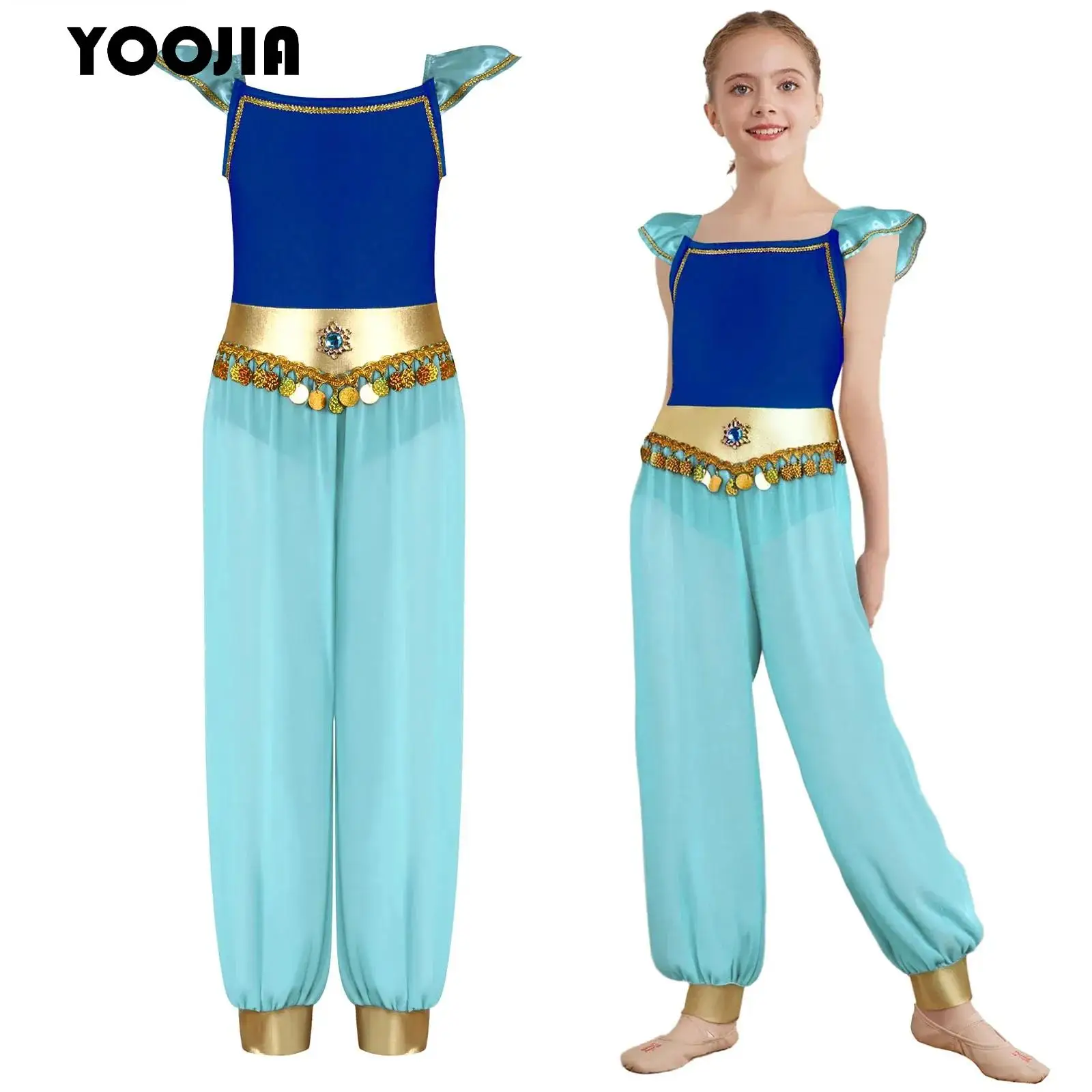 

Arabian Princess Costume for Kids Girls Halloween Cosplay Shiny Sequins Jumpsuit Belly Dance Stage Performance Fancy Dress Up