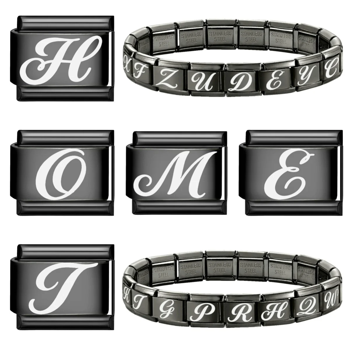 Creative Laser Engraving 26 English Letters Black Italian Charm Links Fit 9MM Stainless Steel Bracelet DIY Making Birthday Gifts