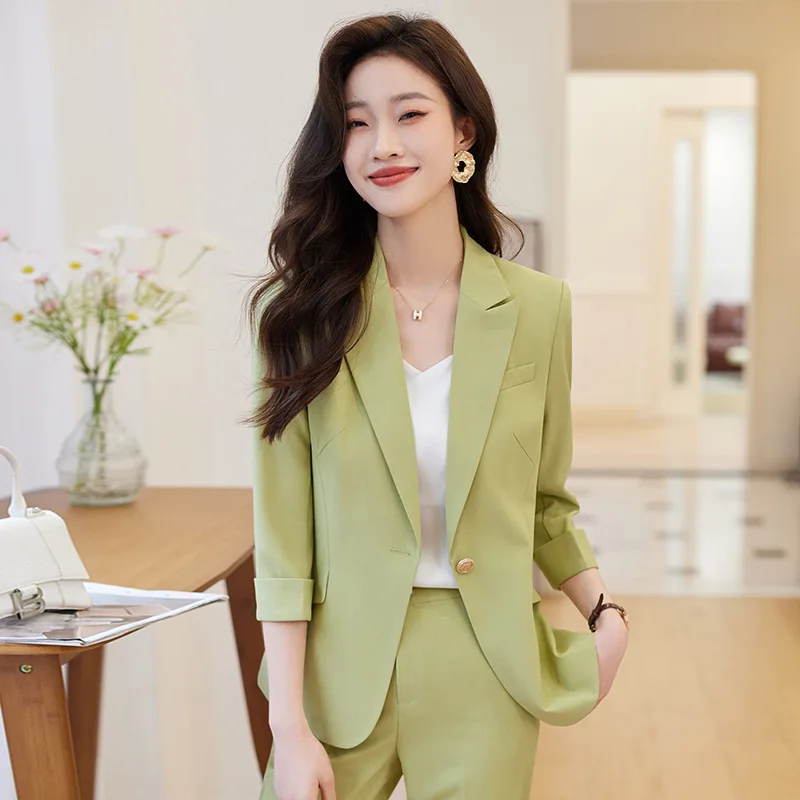 

Half Seelve Women Business Suits with Pants and Jackets Coat Spring Summer Formal OL Styles Professional Blazers Trousers Set