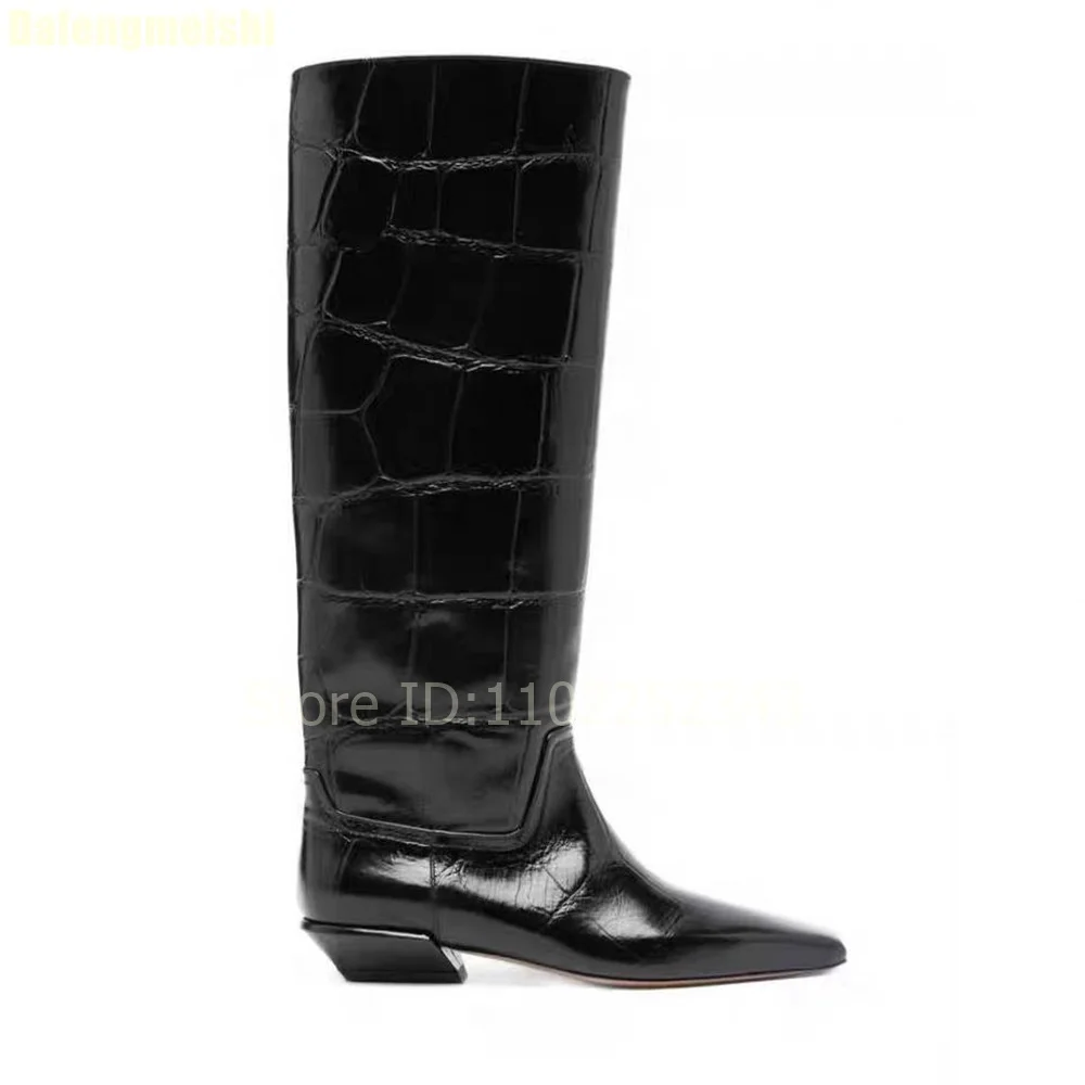 

Black Stone Pattern Chunky Heel Slip-On Knee-High Boots Women Square Toe Fashion Flats Casual Boots 2025 Winter Commuting Shoes