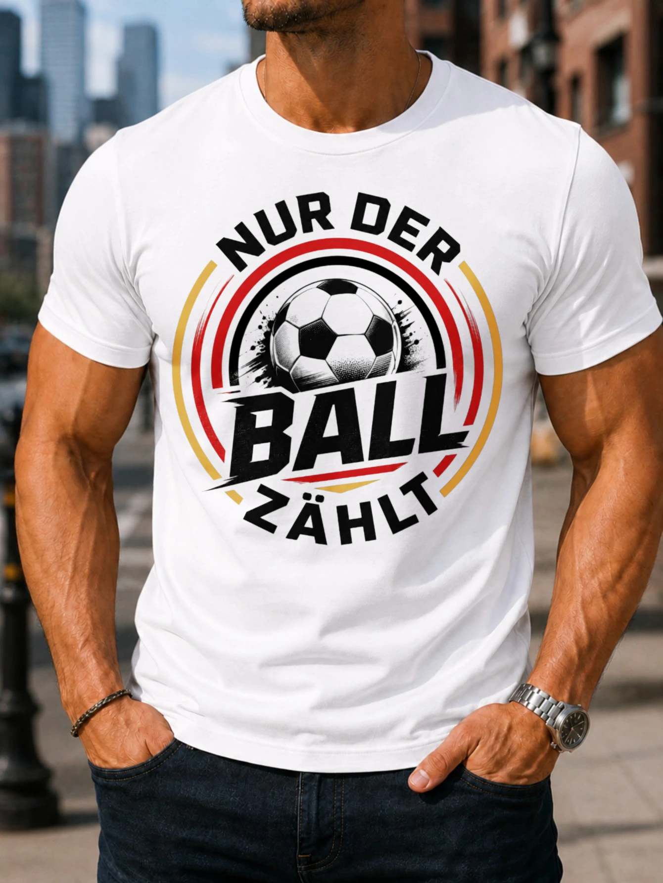 German Soccer Nur Der Ball Zahlt Lettering Round Football  Red Gold Rings And Fan Focus Unisex All  Unisex All T-Shirt