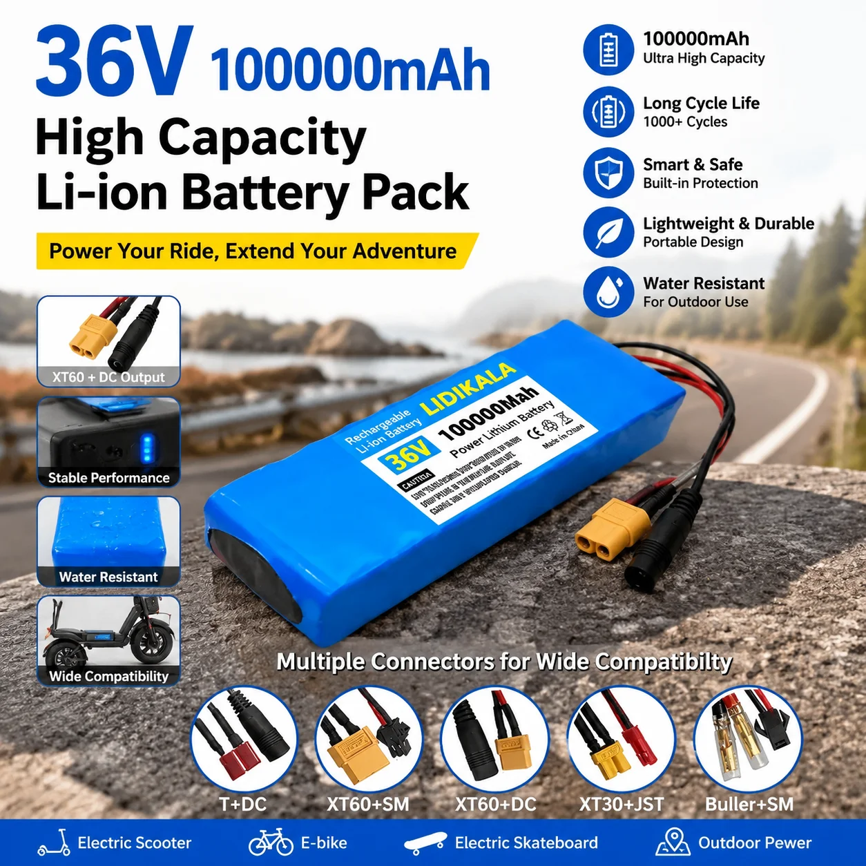 36V 100000mAh Wiederaufladbarer Lithium-Akku für Elektroroller E-Bike mit BMS Mehrfachanschlüssen XT60 XT30 T+DC