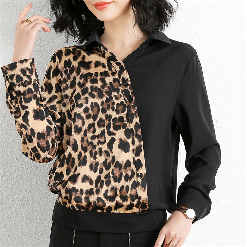 2024 Spring Autumn Women Fashion Leopard Print Patchwork Asymmetrical Shirts Vintage Elegant Chic Blouses Long Sleeve Loose Tops