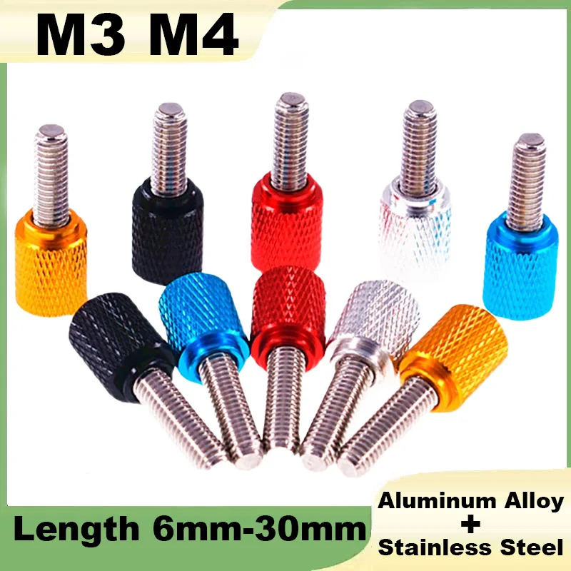 1Pcs Colourful Thumb Screw M3 M4 Aluminum Alloy+Stainless Steel Flat Head Knurled Hand Grip Knob Step Machine Bolts