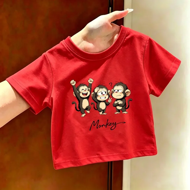 Cute Monkey Cartoon Printed Children's T-shirt Summer New Fashion Trend Soft Skin Friendly Round Neck Parent Child T-shirt