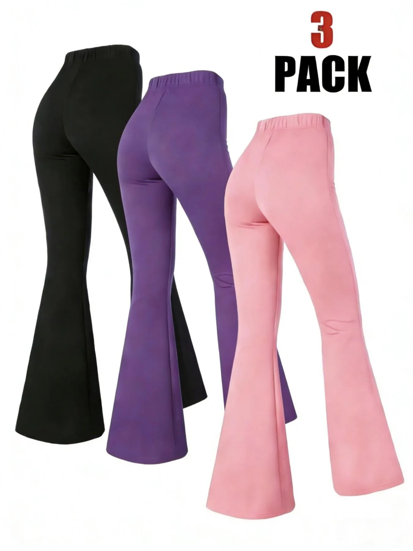 Comfy Girls 3-Pack Flare Pants, Soft Stretchy High Waist Solid Color Trousers for All Seasons
