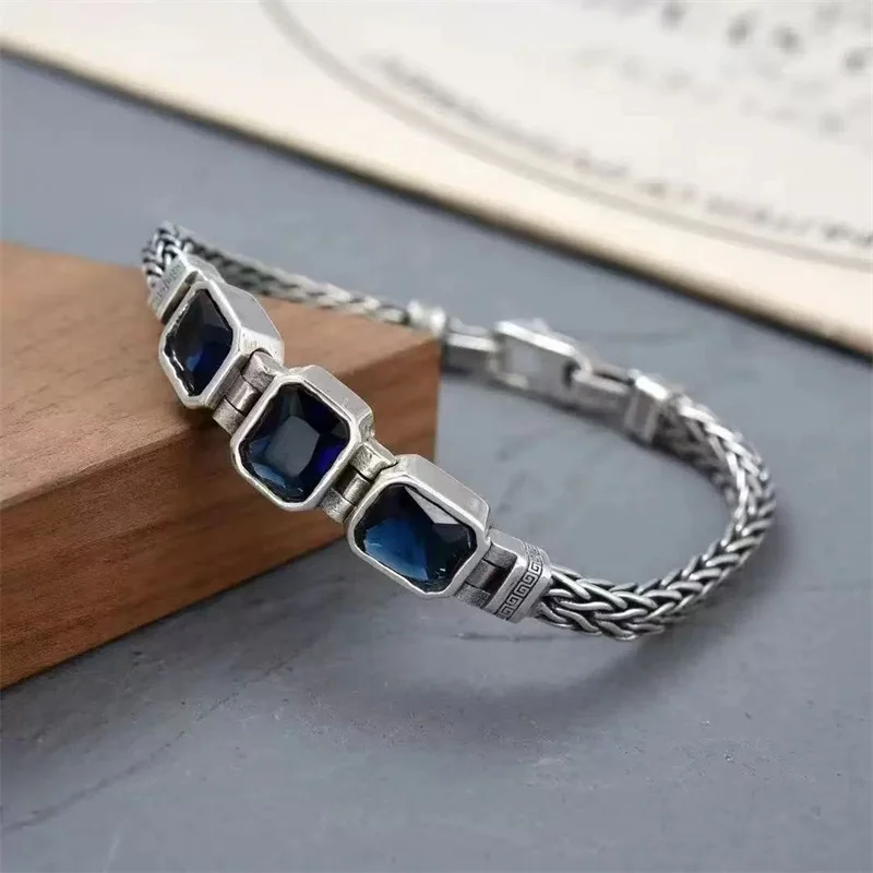 OUYADI Niche Design S925 Silver Braided Bracelet Vintage Blue Gem Ethnic Style Men Festival Jewelry Gift