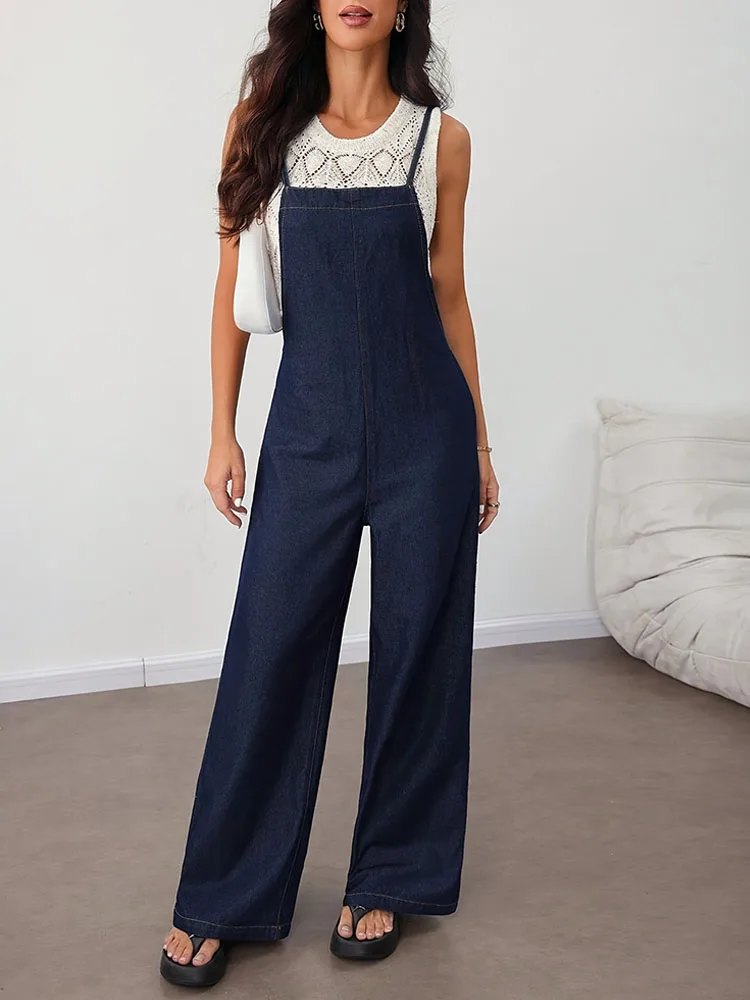 Casual Retro Dark Blue Denim Jumpsuits for Women American Style Simple High Waist Wide Leg Jeans Fashion Lace Up Loose Overalls