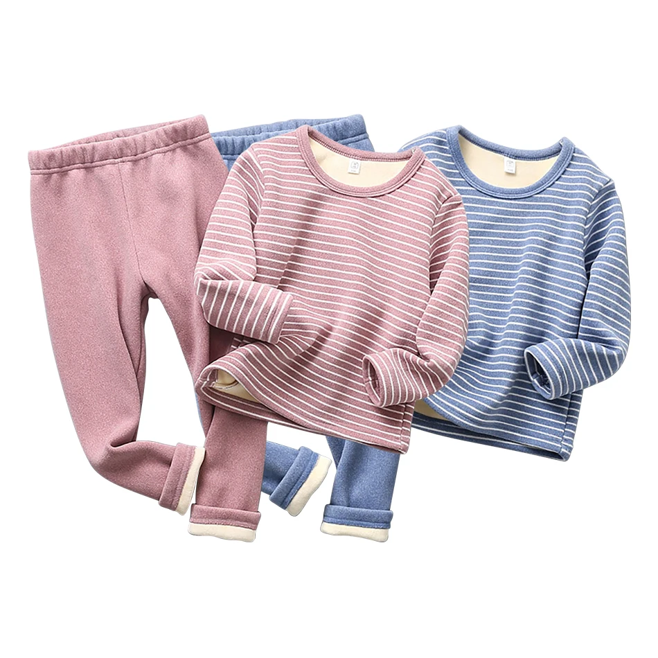 Fashionable Cozy Plush-Lined Kids Striped Sleepwear Set Autumn and Winter Boys and Girls Daily Wear Casual Sleepwear