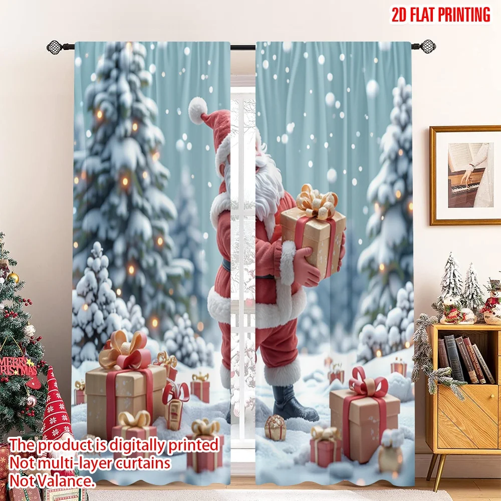 

2pcs 2D flat printing Christmas Curtain Santa Claus Gifts Snow 100% Polyester Fabric Without Electricity Family Party for