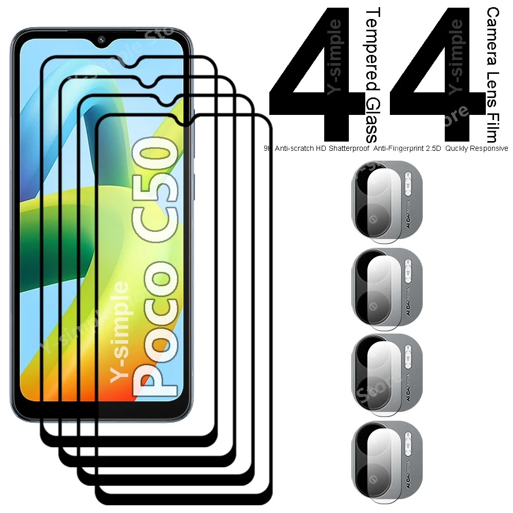 زجاج مقسى لـ xiao Poco C50 ، واقي شاشة ، تغطية كاملة ، غشاء عدسة كاميرا ناعمة ، زجاج هاتف 4 Plus 4