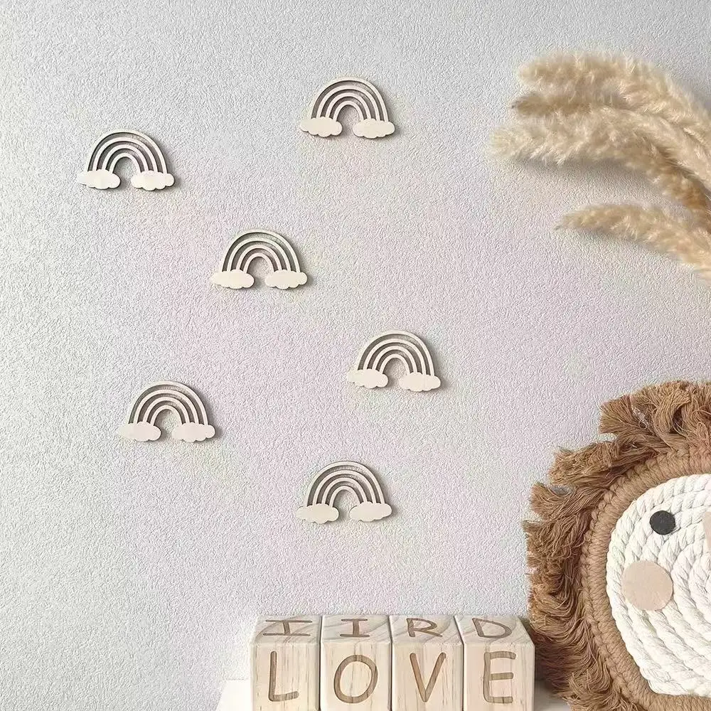INS Nordic Wooden Wall Stickers 3D Rainbows Clouds Flowers Wood Sticker Kids Room Decoration Ornaments Home Crafts Nursery Decor