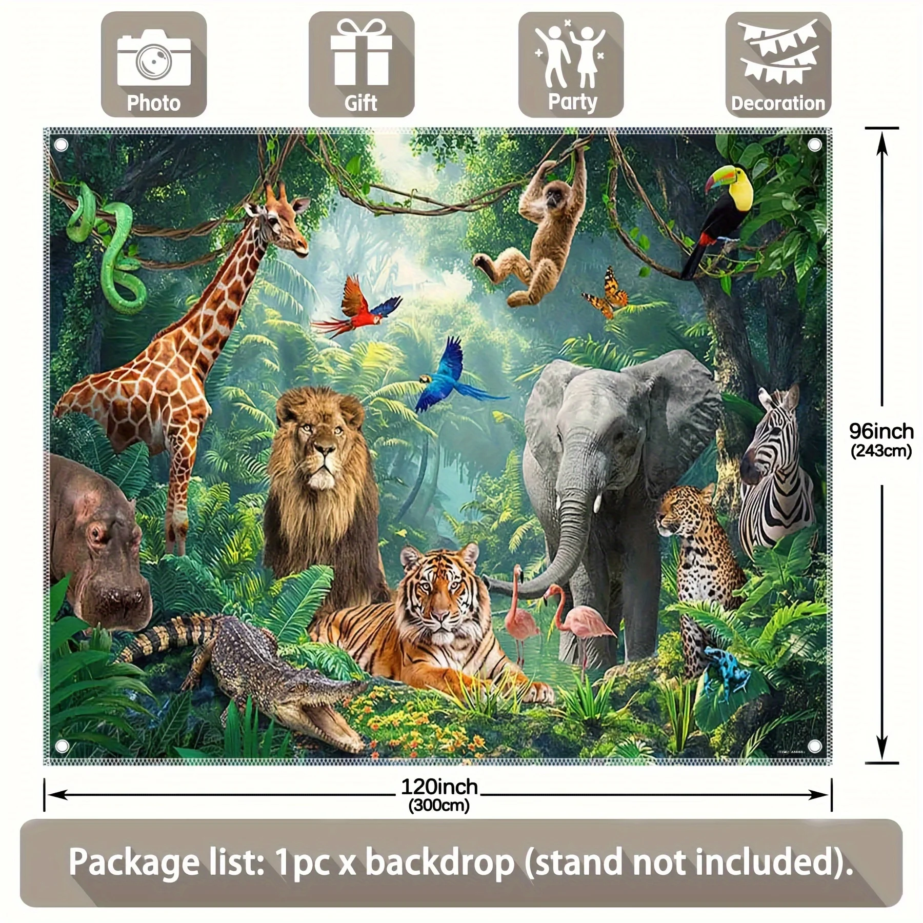 خلفية مغامرة الغابة: تتميز بالنمور والأسود والفيلة والزرافات والحمراء - مثالية للتصوير الفوتوغرافي والحفلات #5