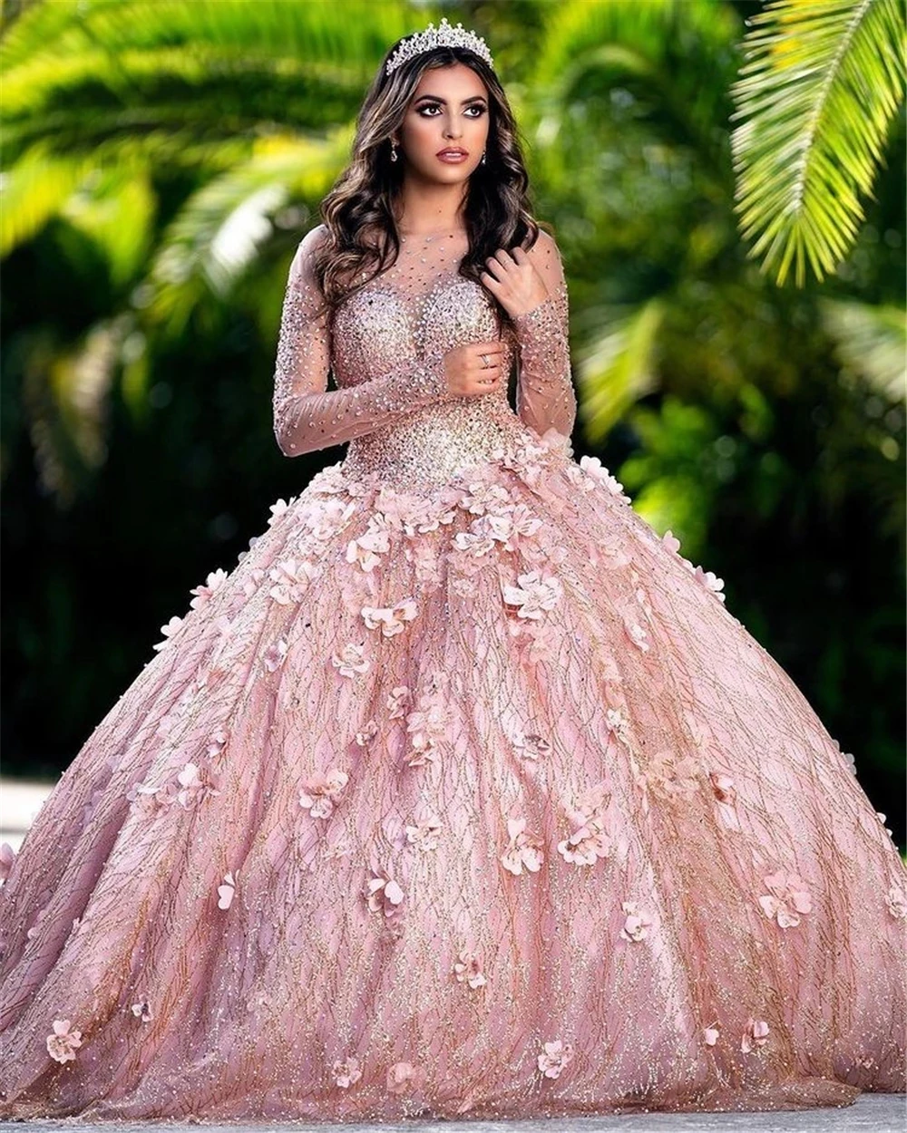 Hoa Hồng Vàng Hồng Bầu Quinceanera Áo Đính Hạt Ảo Giác Tay Dài Voan Đính Hạt Cườm Hứa Ngọt 15 16 Đầm XV Đảng khi Mặc