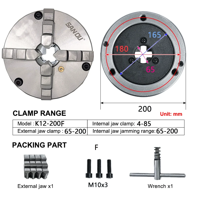 Lathe Chuck 200mm Front Mount SANOU Chuck 4 Jaw Self-Centering Chuck K12-200F Metal Lathe Chuck Scroll Chuck