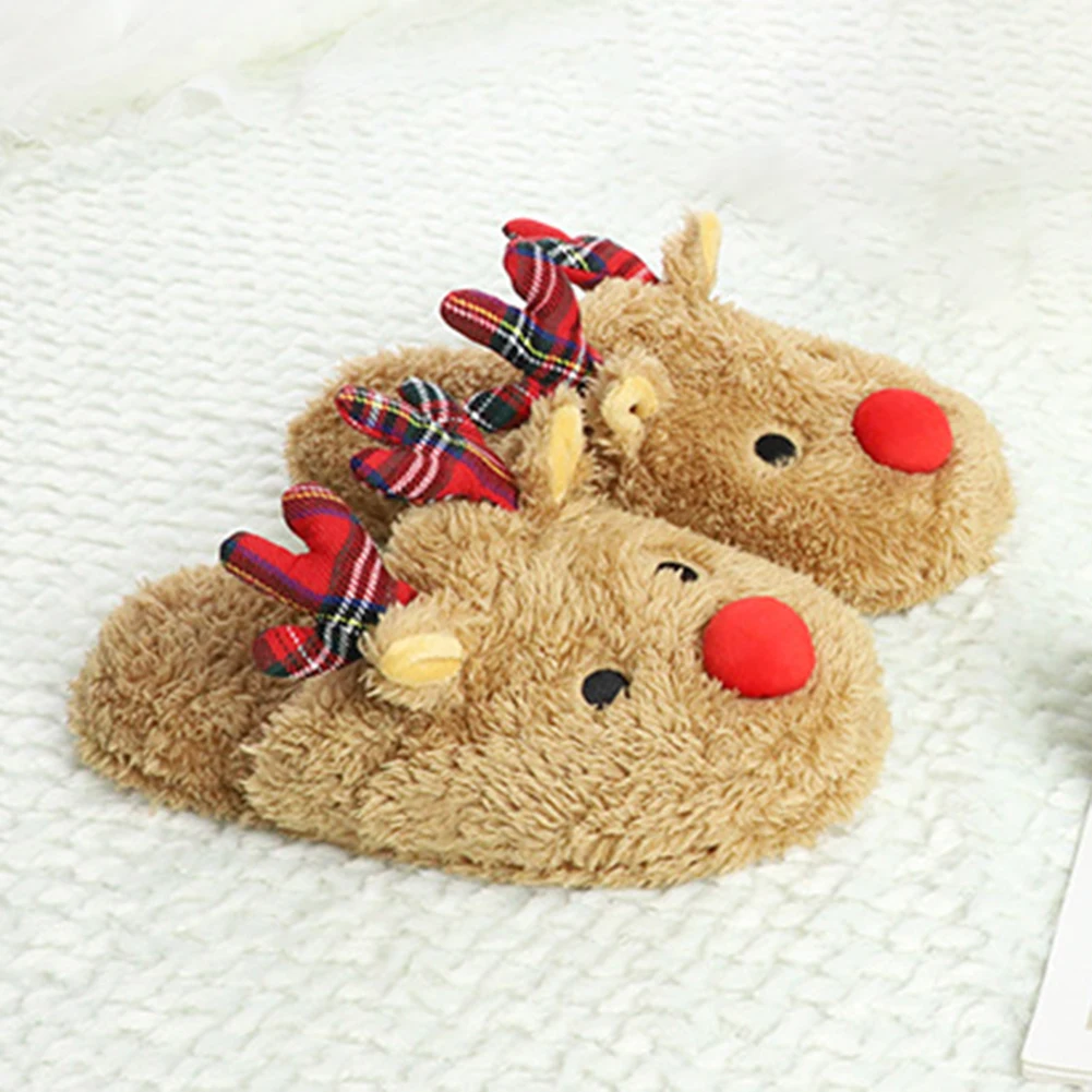 Christmas Reindeer Slippers Warm Plush Home Slipper Cozy Winter Slippers Slip-On Slippers Women Men Breathable Bedroom Slippers