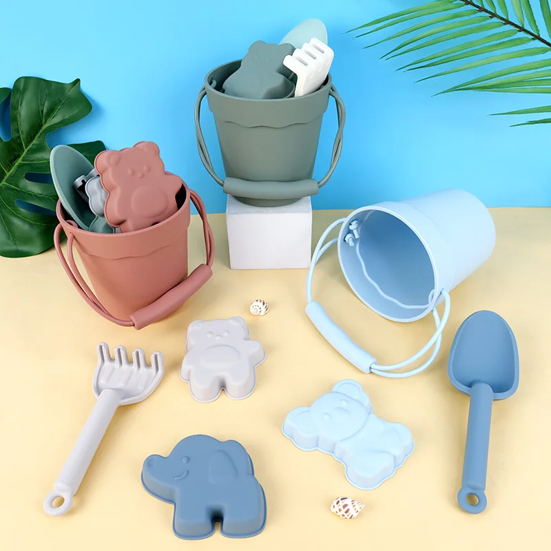 Neues Design, 6 Stück, Silikon, lustiges Sommer-Outdoor-Spielzeug für Kinder mit Eimer, Strandspielzeug, umweltfreundliches, lebensmittelechtes Strandspielzeug für Kinder