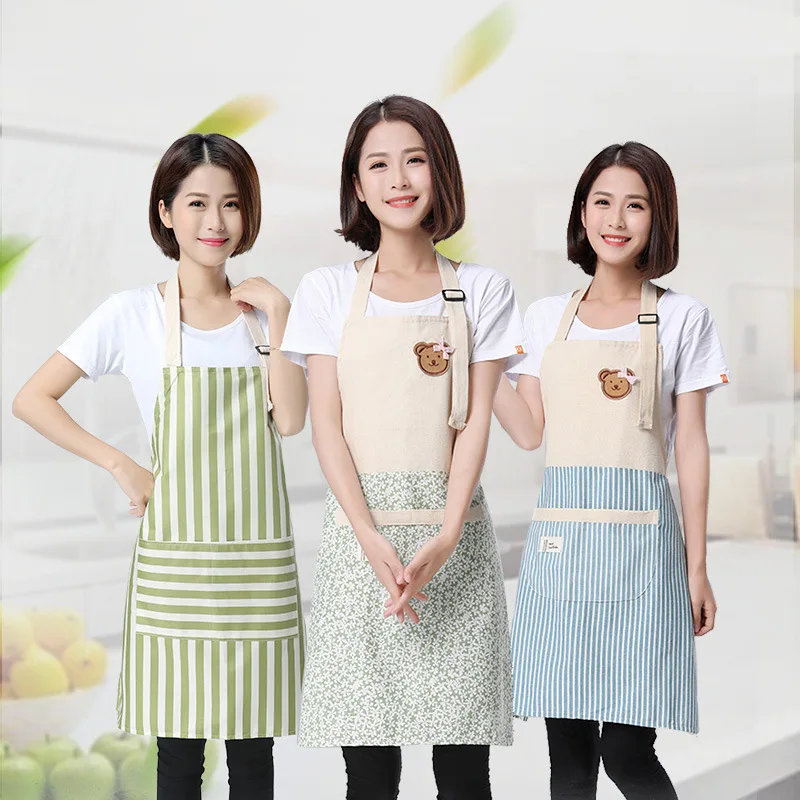 

Women Kitchen Aprons Wipeable Waterproof Oil-Proof Cartoon Bear Cotton and Linen Smock Household Cleaning for Kitchen