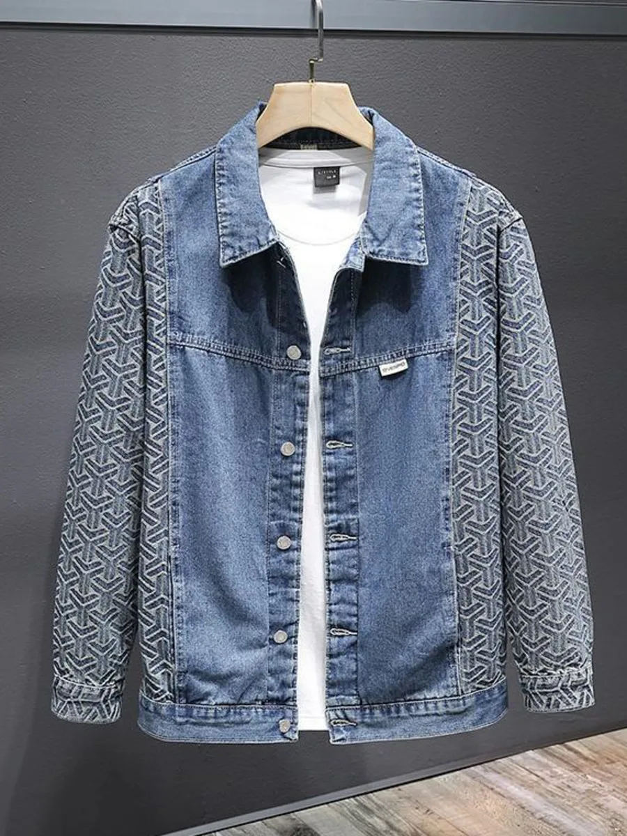 

Men Vintage Jeans Jacket Splicing Geometric Patterns Denim Jackets Autumn New Fashion Japanese Loose Casual Jacket Outerwear