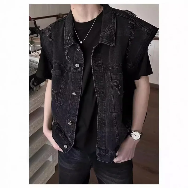 가을 미국 레트로 디스트레스드 베스트 남성 디자인 트렌드 루즈 슬리브리스 탑