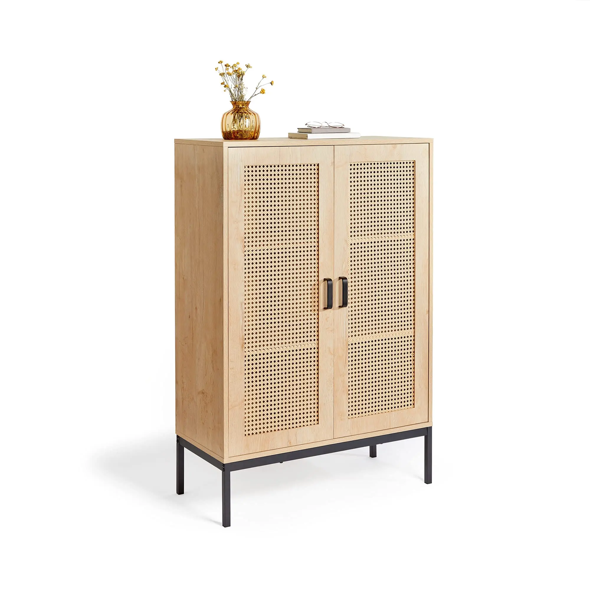 

！@Combohome Rattan Sideboard - Tall Storage Cabinet for Living Room & Hallway - Wicker 2 Door Cupboard