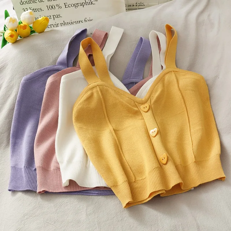 

Women Knitted Crop Tops Y2K Cute Button Up V-Neck Sleeveless Straps Tops Sexy Crop Tops For Women 2023 Summer