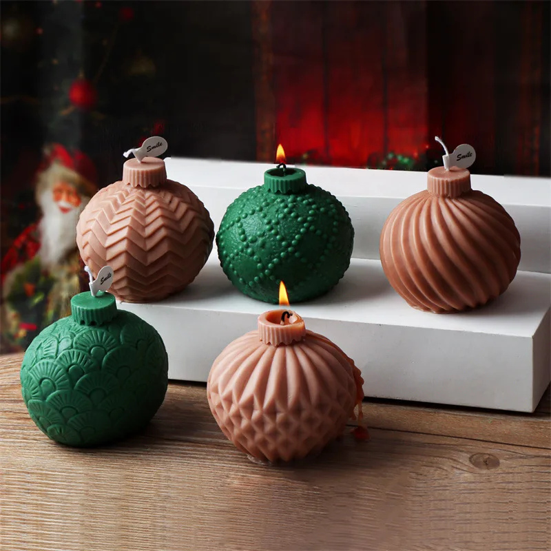 Striped Christmas Ball Candle Mold Geometric Sphere Spiral Wave Scented Candle Plaster Mould Resin Silicone Molds DIY Cake Tools