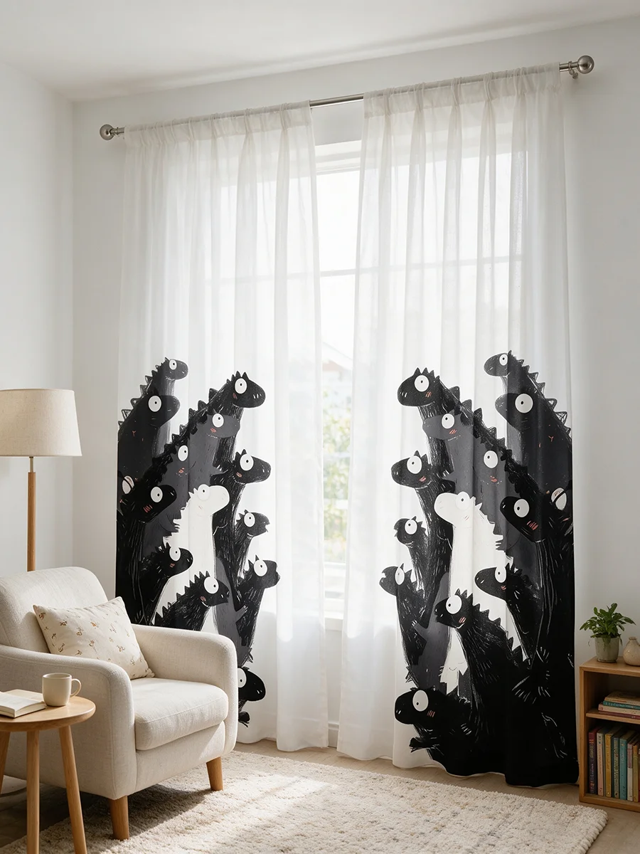 2PCS Cartoon Dinosaur Sheer Curtains, Black White Cute Funny Print, Kids Window Panels for Nursery Playroom Bedroom Home Decor