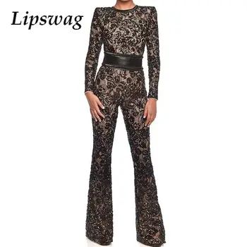 女性の長袖刺embroideryジャンプスーツ,エレガント,レトロ,ラウンドネック,ハイウエスト,ロングロンパース,レース,ファッション,秋,2020