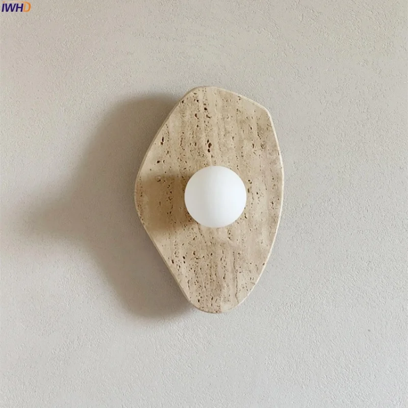 

IWHD Wabi Sabi LED Wall Lights Bedroom Decoration Living Room Stair Lighting Yellow Travertine Bedside Lamps Applique Murale