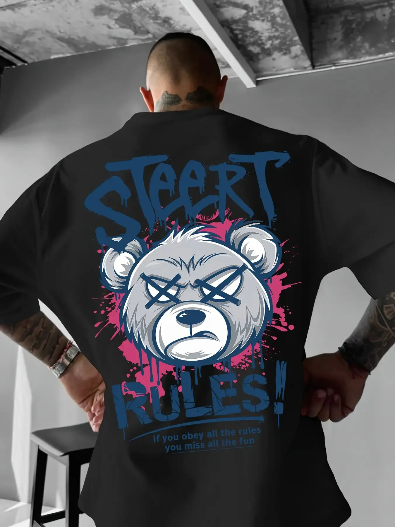 تي شيرت رجالي صيفي جديد مطبوع عليه حروف الدب الغاضب مريح وقابل للتنفس برقبة دائرية في الهواء الطلق ومتعدد الاستخدامات #4