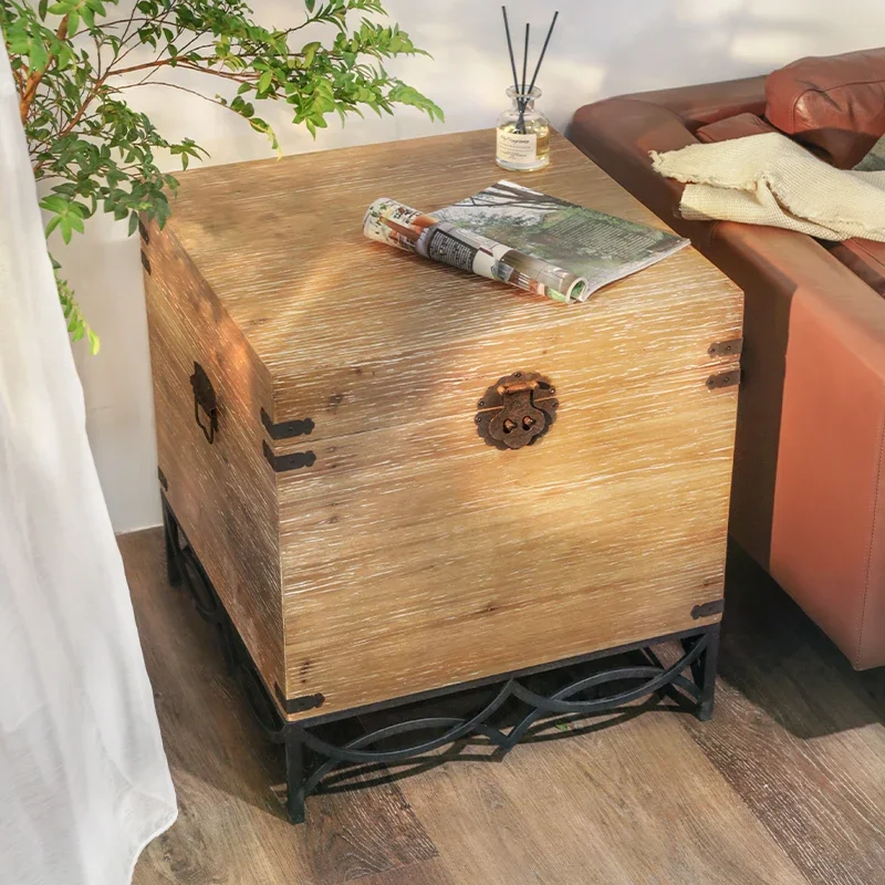 Vintage Wooden Treasure Chest End Table with Drawers, Rustic Fir Wood Storage Box, Living Room Furniture