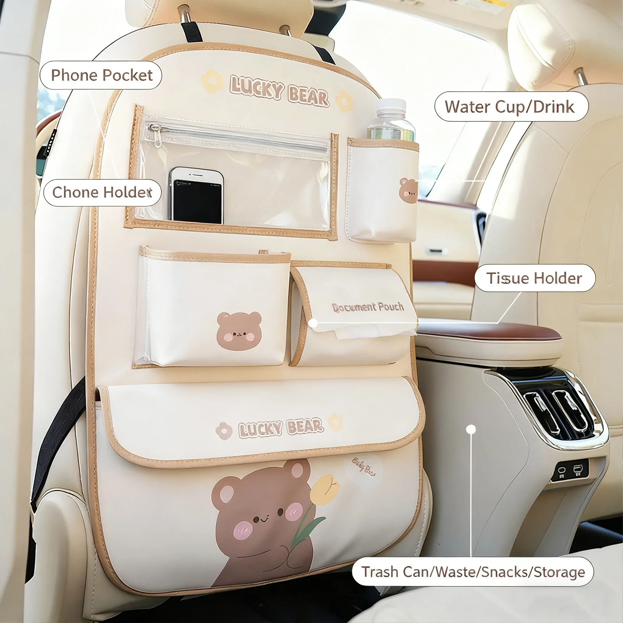 

Car Seat Back Storage Pouch Multi-Functional Storage Bear Rabbit and Other Designs Kick-Proof Mats Decorative Car Accessories