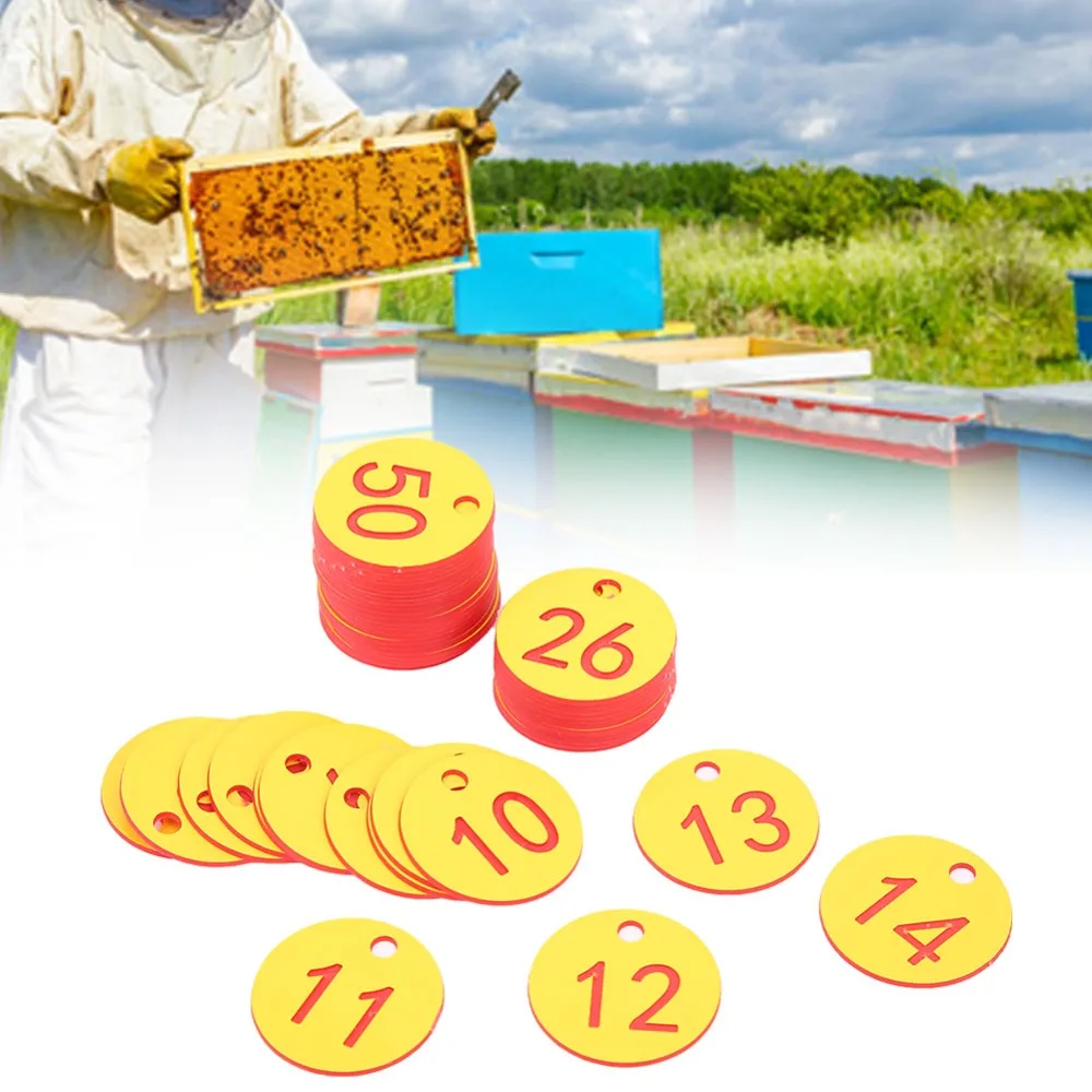 50Pcs ABS Numbered Tag Labels Small Hole Design Bright Colors Beekeeping Identification Tags Durable Numbered 1-50