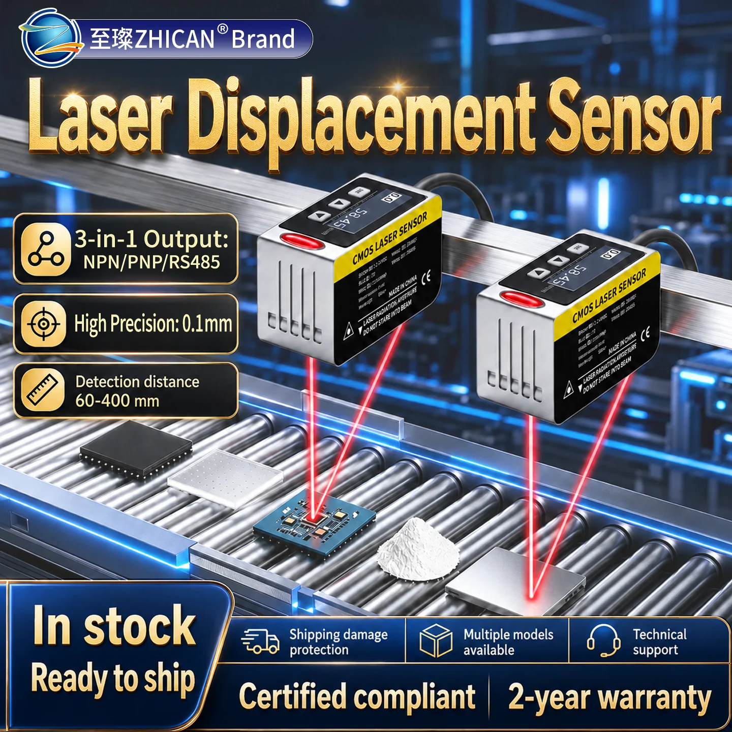 ZHICAN E3CX Laser Displacement Sensor RS485 Long Range High Precision Distance Thickness Height Measurement
