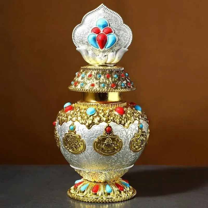 Tibetan Buddhist Treasure Vase Ornament Inlaid Color Stones Alloy Auspicious Bottle Statue Altar Worship Decor Meditation Room