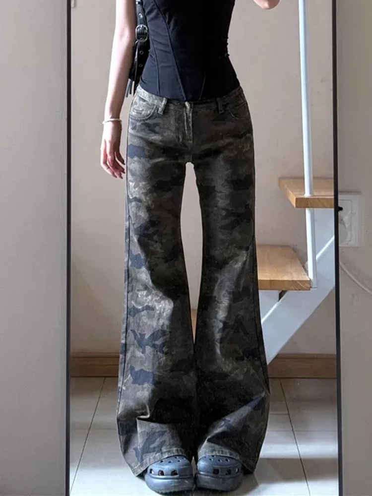 Y2K Low Rise Jeans Women American Retro Camouflage Print Slight Flare Wide Leg Loose Hanging Elongated Fit