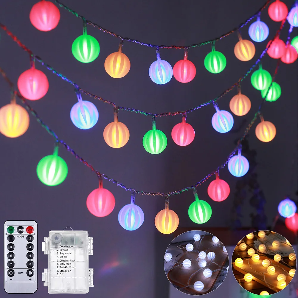 20/40/80LED Globe String Lights Battery Waterproof Outdoor Ball Chain Fairy Lights Remote Control 8 Modes Christmas Party Light