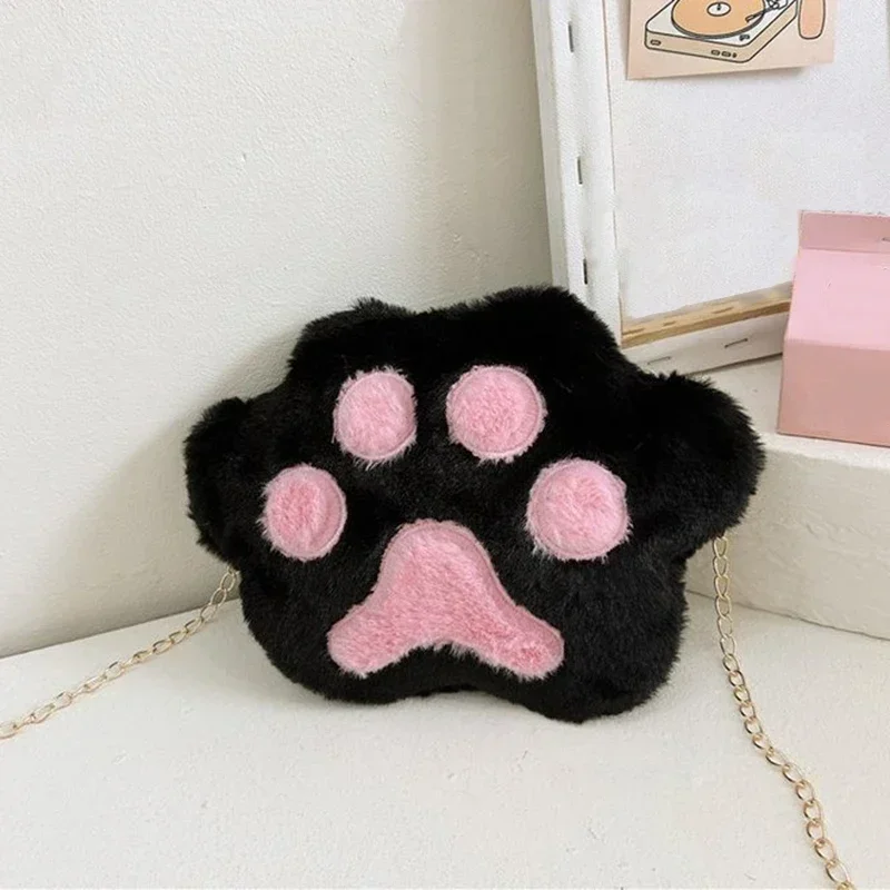 2024 Cat Paw Small Women Handbags Soft Plush Ladies Chain Shoulder Bag Faux Fur Fashion Female Furry Daily Clutch Purse