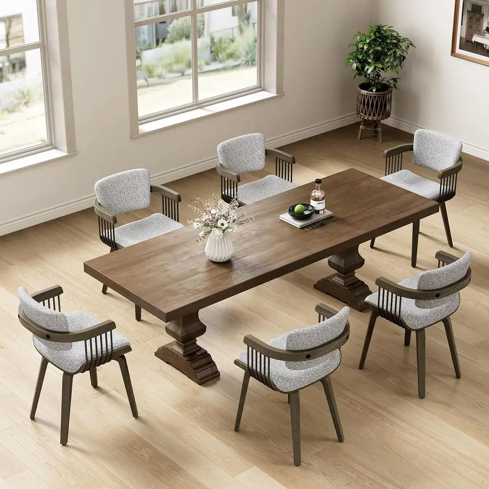 

6-Piece Modern Dining Chairs Set with Armrests and Wooden Legs, Suitable for Kitchen, Dining Room, or Cafe, Grey Upholstered Fab