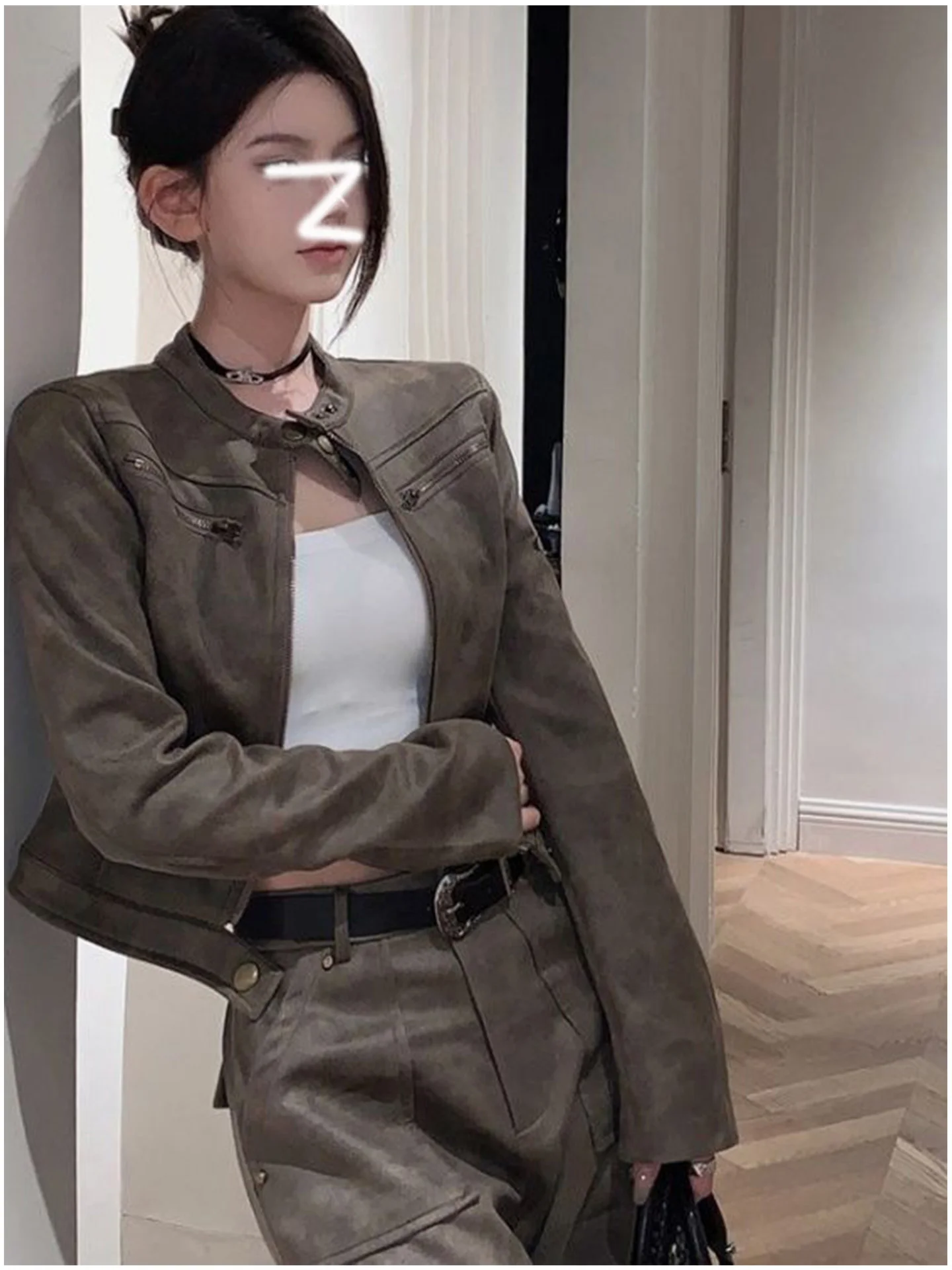 Retro Brown Suede Leather Jaet Women's ort Motorcycle Sle Outerwear Fall Season Faionable Commute Wind Regular Sve