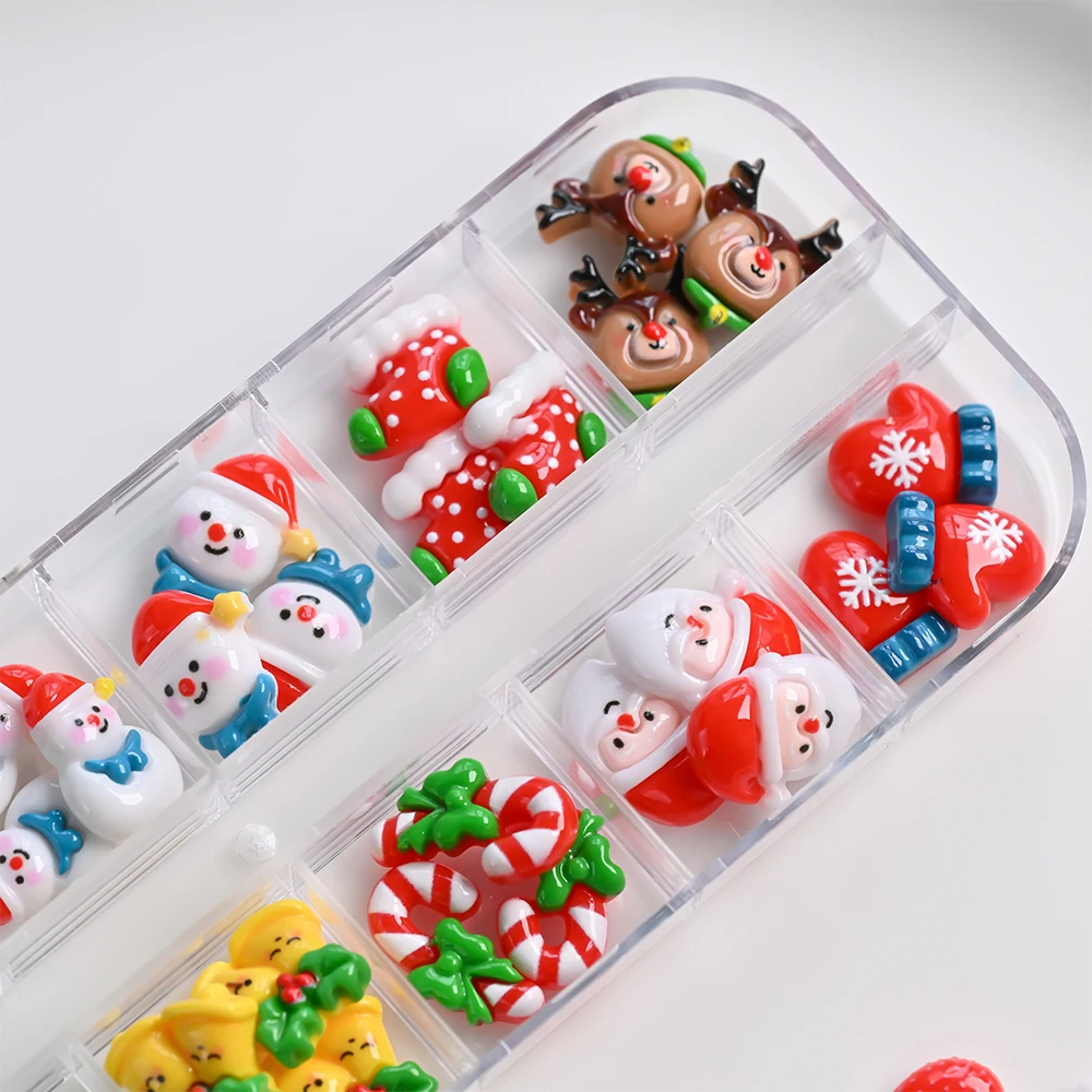 12 grades 3d papai noel rena sino natal prego strass 30/36/50 pçs resina boneco de neve meia encantos do prego inverno decoração do prego