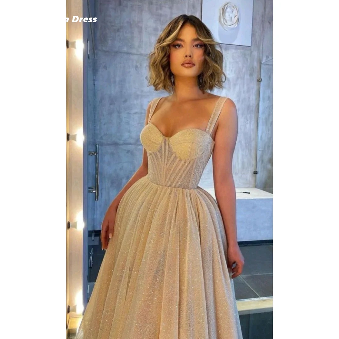 

Lena Spaghetti Straps Heavy Evening Dresses 2024 Women Champagne Party Dress for Wedding Simple and Elegant Formal Dress Es Prom