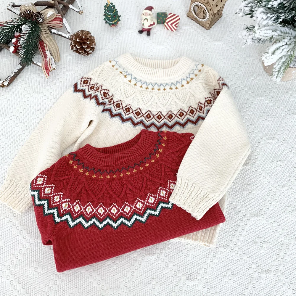 Autumn Winter Baby Christmas O-Neck Sweater Infant Girl Boy Long Sleeve Jacquard Pattern Knitted Pullover Top Outwear Clothes