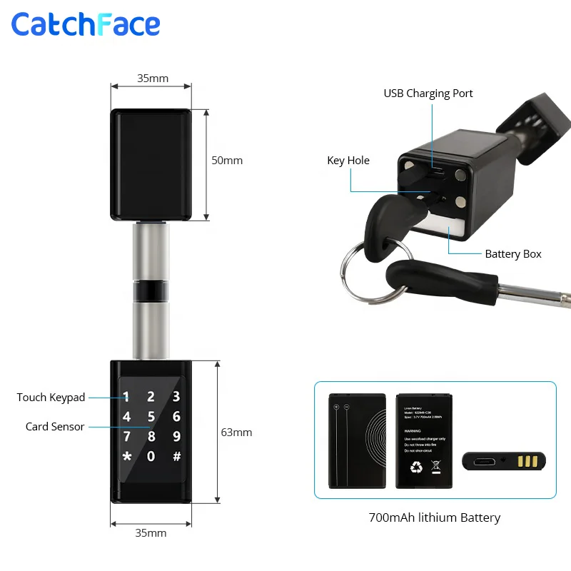 Cilindro de cerradura de puerta inteligente, llave de tarjeta RFID, Digital, eléctrico, resistente al agua IP65, recargable, con contraseña de