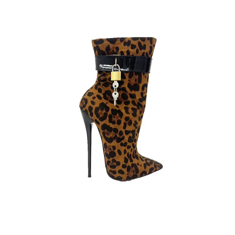 FHC 2024 New 16cm High Heels Women Leopard Short Boots,Flock Booties,Ankle Botas With Locks,Pointed Toe,Side Zip,Custom Colors