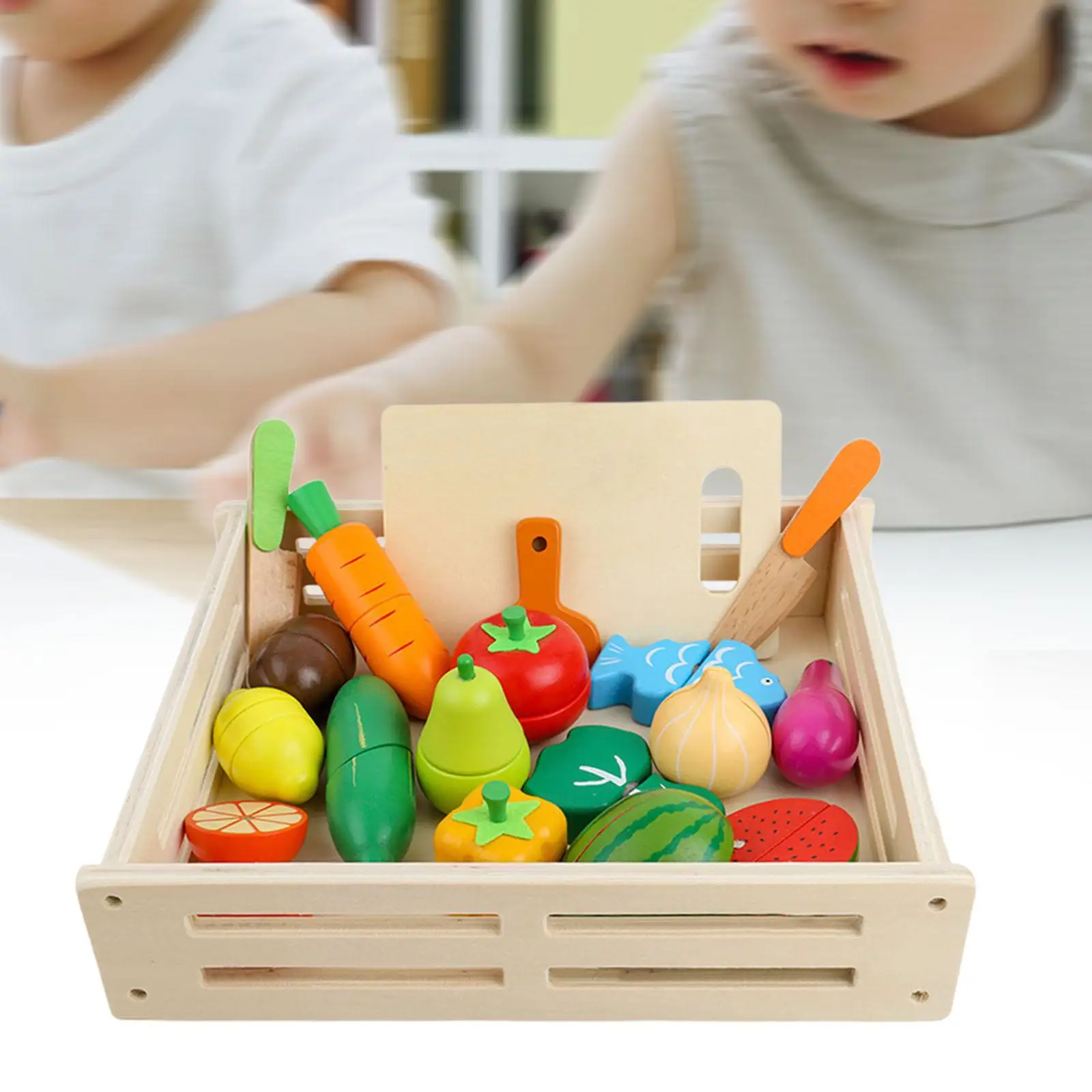 

17x Cutting Fruit Vegetables Set Basic Skills Development Fun Wooden Play Kitchen with Wood Box for Children 3 4 5 6 7 Year Old