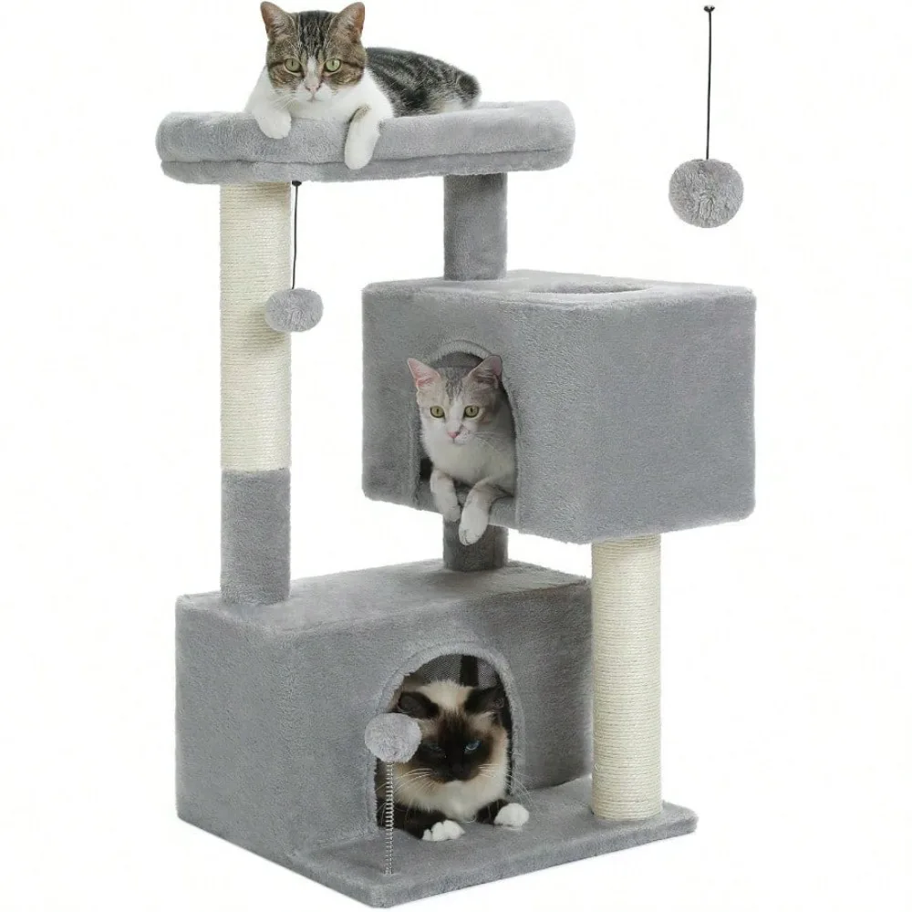 

32" Cat Tree Tower For Indoor Cats - 2 Cozy Condos, Multi-Level Cat Scratching Posts With Sisal, Soft Padded Perch